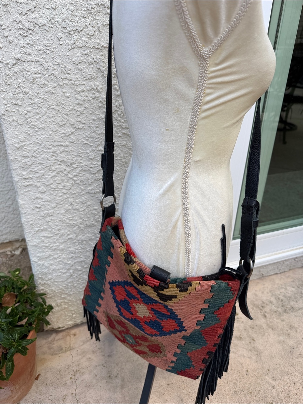 Tylie Malibu Vintage Kilim Leather Fringe Grommet Detail Hobo Crossbody Purse